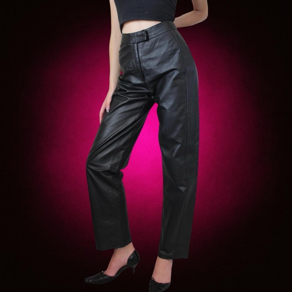 Black genuine leather high waisted straight leg pants